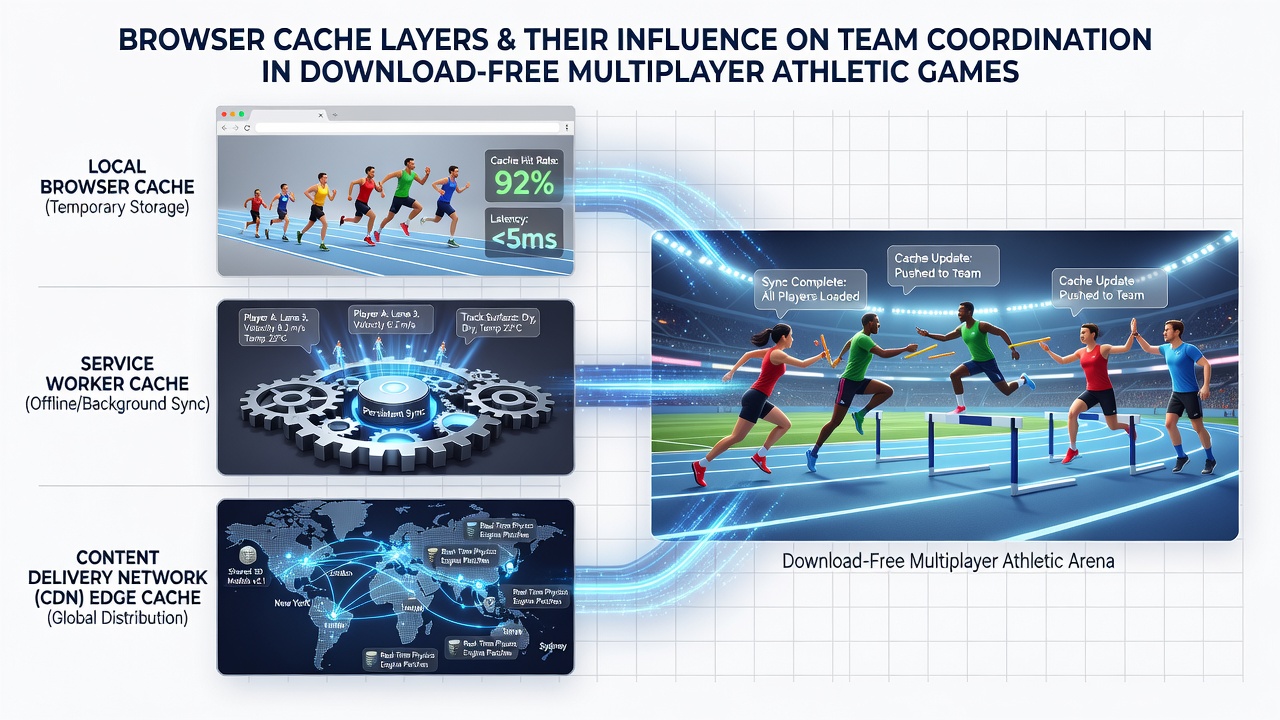 Diagram showing cache synchronization supporting team coordination during athletic puzzle sequences