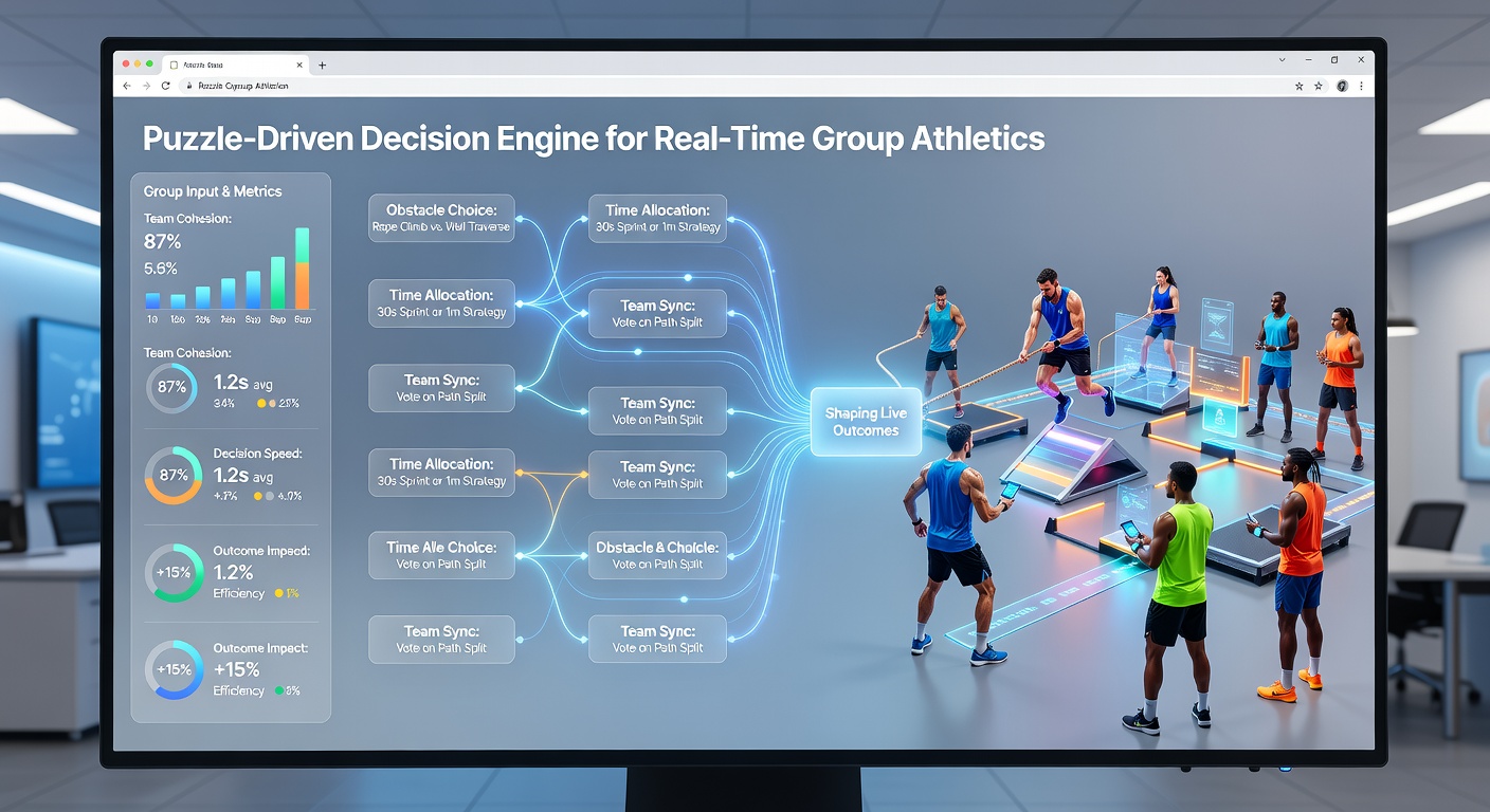 Group of players collaborating on a browser-based puzzle that affects real-time team positioning in an athletic strategy simulation