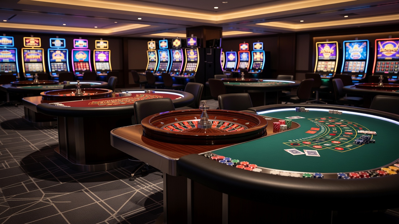 Close-up view of roulette wheel and cards on a blackjack table during active play