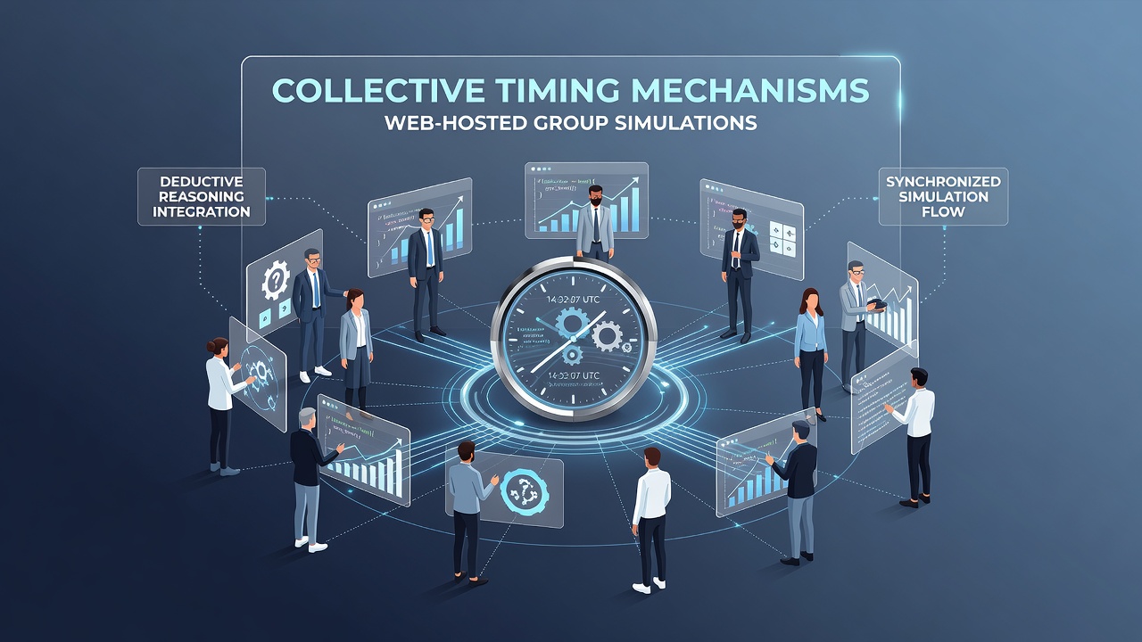 Detailed view of a browser-based simulation dashboard displaying timing bars, deductive choice panels, and real-time movement tracking for group participants