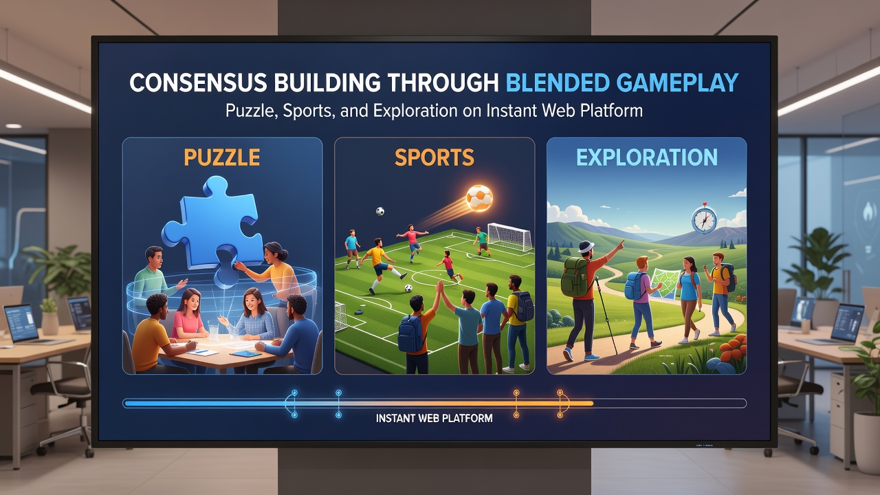 Team members reviewing shared maps and puzzle clues during an athletic exploration sequence in a browser game