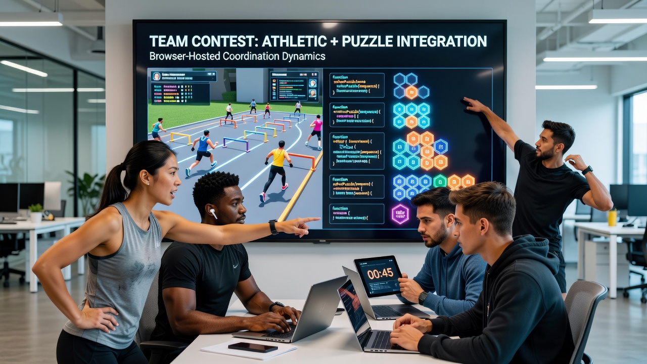 Teams coordinating in a browser-based athletic puzzle contest showing synchronized movements and strategy discussions