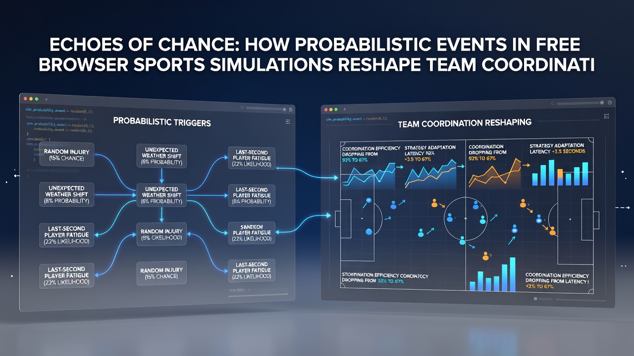 Team coordination dashboard in a free browser sports sim highlighting real-time strategy adjustments triggered by probabilistic events like random fouls or environmental shifts