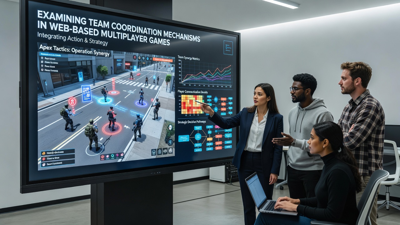 Team members coordinating in a browser-based game merging action strategy and exploration elements