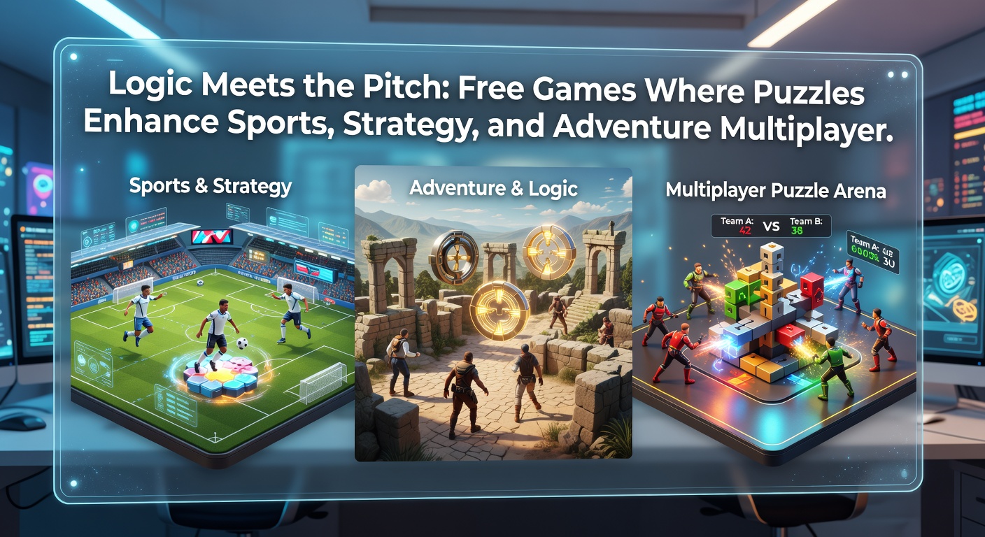 Multiplayer players collaborating on a puzzle-enhanced soccer pitch in a vibrant browser game arena