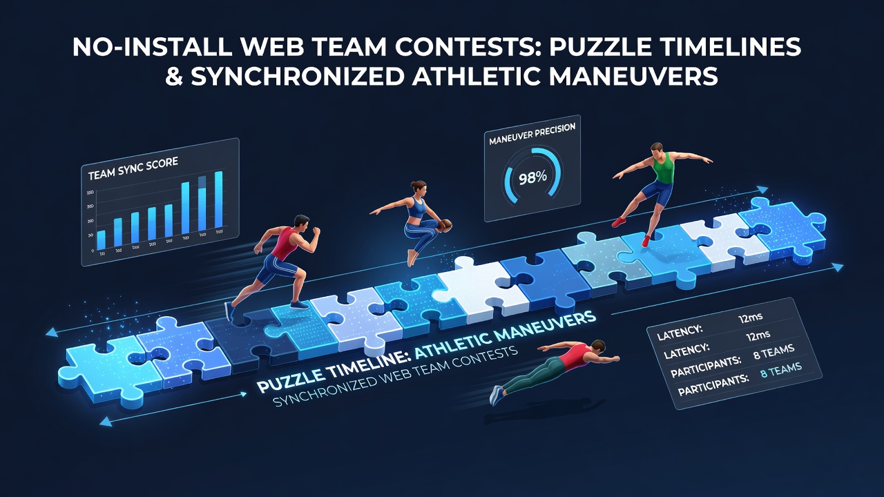 Team participants coordinating athletic sequences through browser puzzle timelines in a no-install contest environment