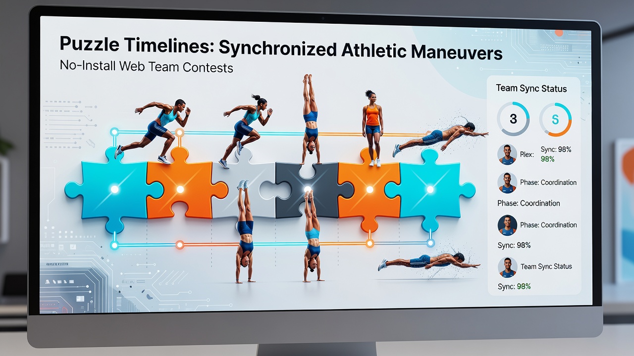 Synchronized team avatars executing athletic maneuvers guided by resolved puzzle timelines in a browser-based contest