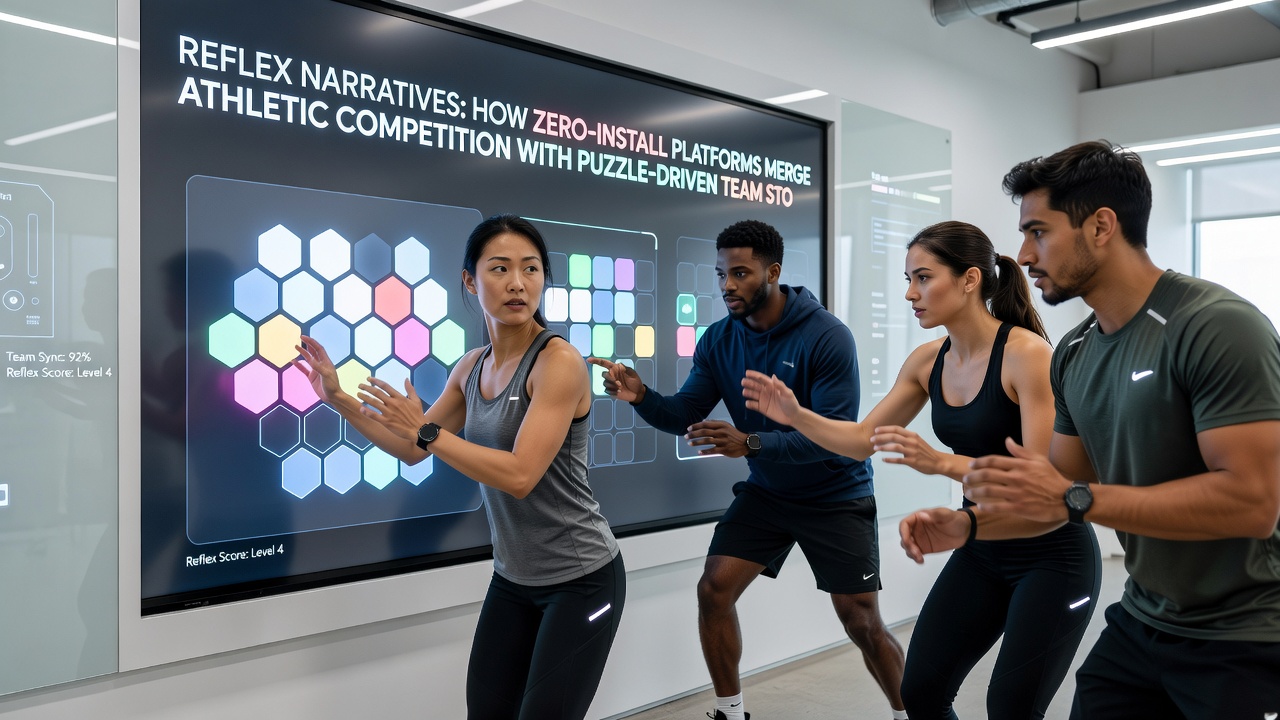 Group of players collaborating on a browser game combining sports simulation and puzzle solving in real time