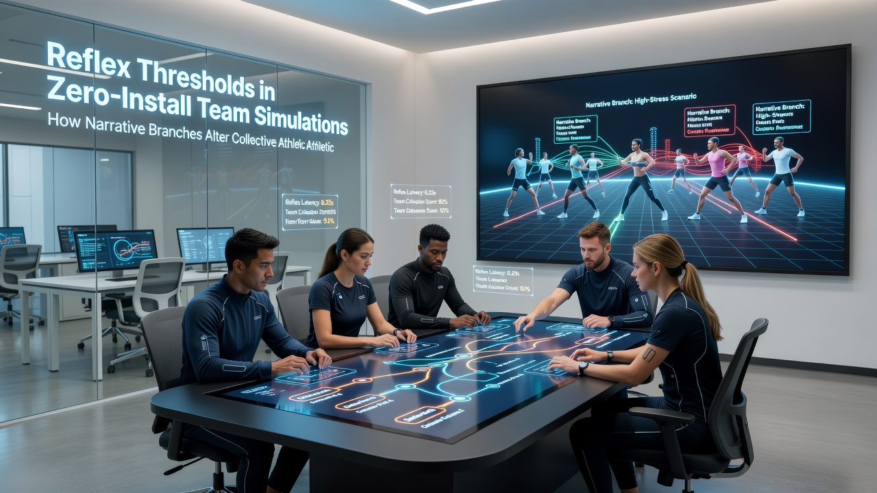 Players navigating a mixed-genre team simulation where narrative choices influence athletic coordination and reflex responses
