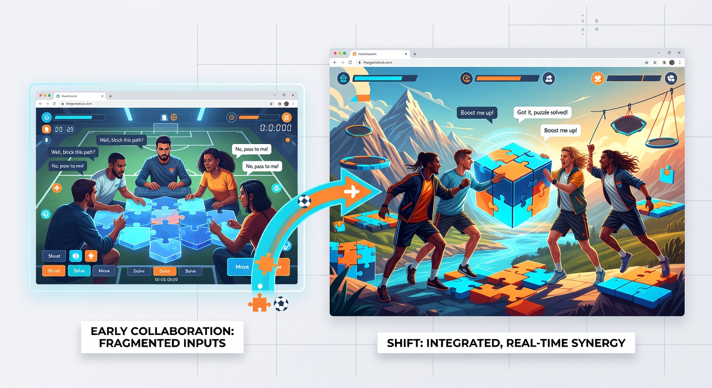 Players coordinating in a browser-based multiplayer game combining puzzle elements with sports action