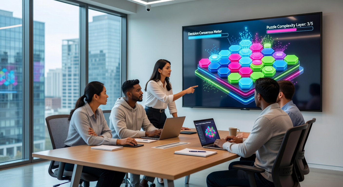 Team discussing strategy during a puzzle sequence in an adventure sports browser game