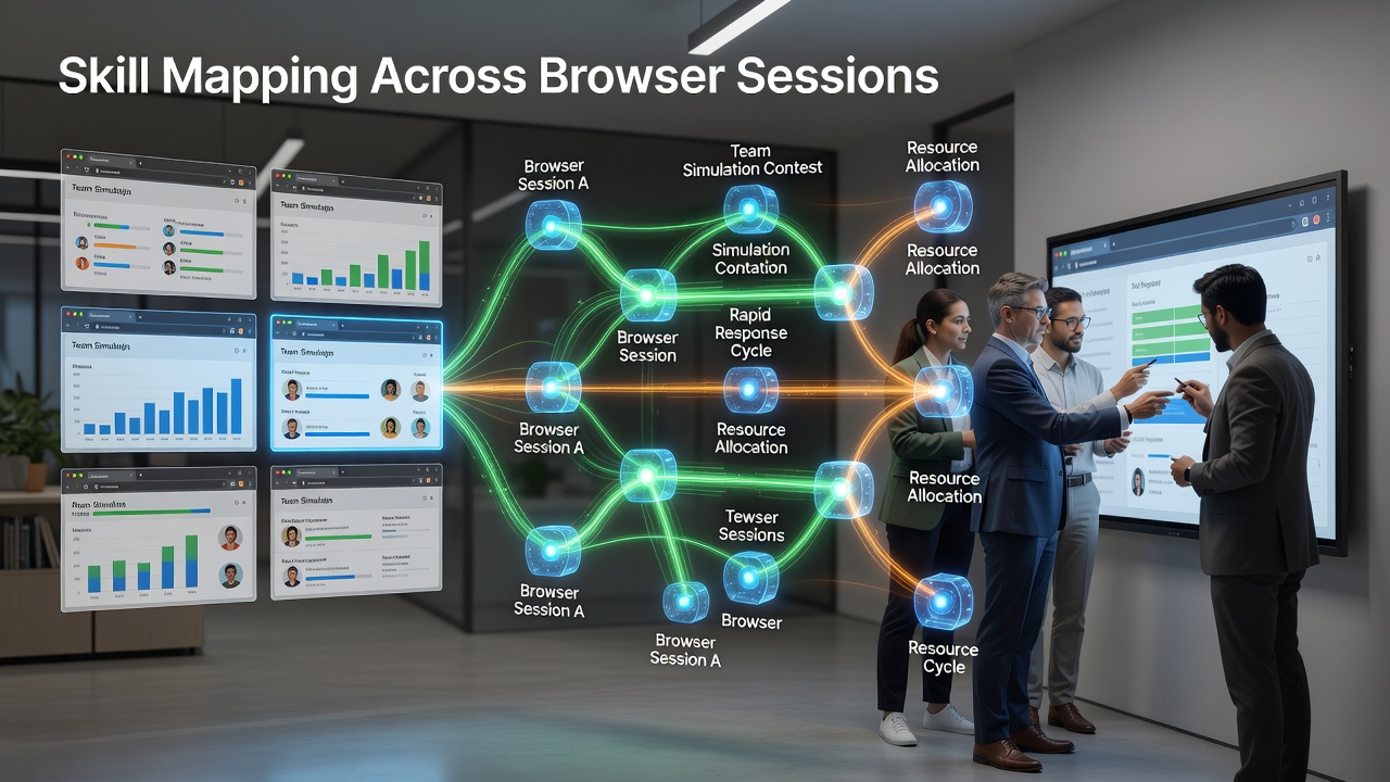 Team members coordinating in a browser-based simulation contest interface showing real-time resource allocation and response tracking