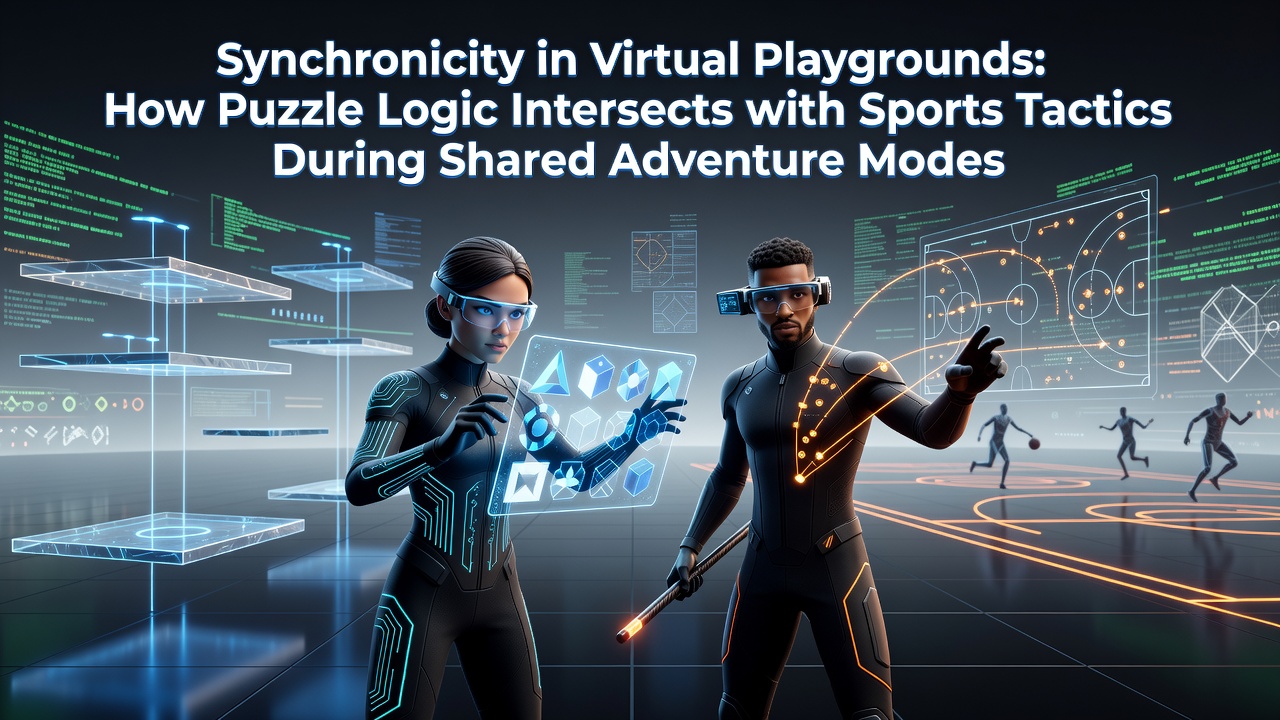Players coordinating puzzle solutions with athletic maneuvers in a shared virtual adventure arena