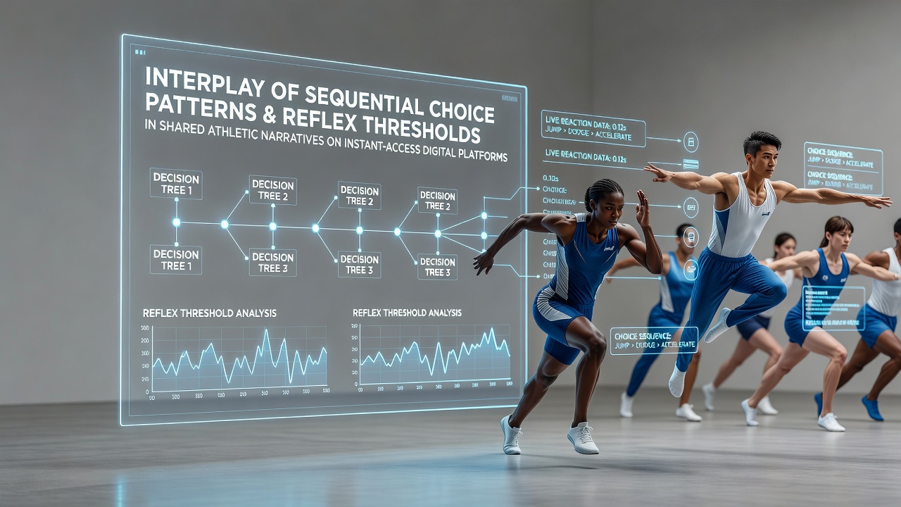 Digital platform interface showing sequential decision trees overlaid on a multiplayer athletic simulation with reflex challenge indicators