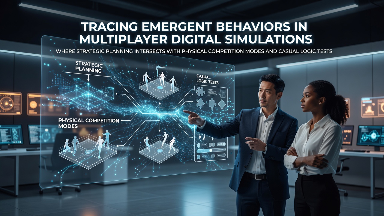 Multiplayer digital simulation showing players coordinating strategy and physical competition elements in a browser-based arena