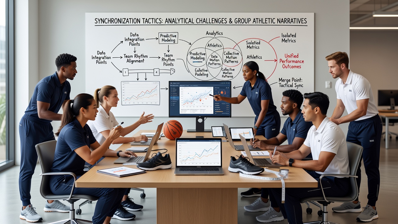 Group of players analyzing shared puzzle data during an athletic simulation sequence in a zero-install web contest